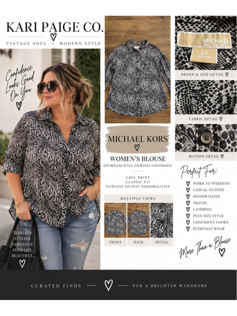 Women's Michael Kors Button Down Shirt 3X Gray Snake Print F26